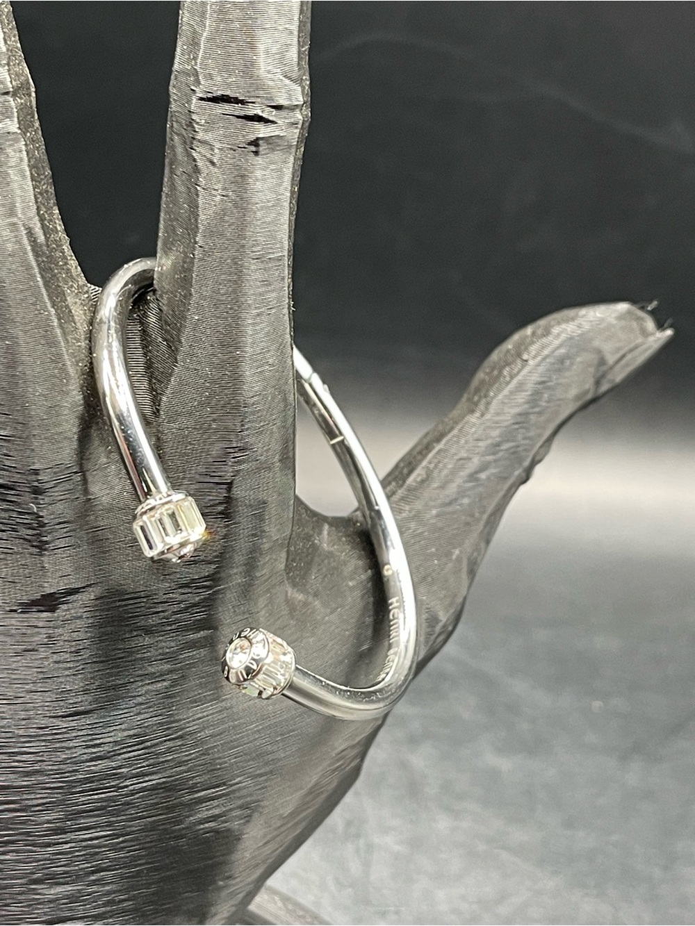 Henri Bendel Soft Hinge Sterling Silver Open Cuff Bracelet Crystal End Caps